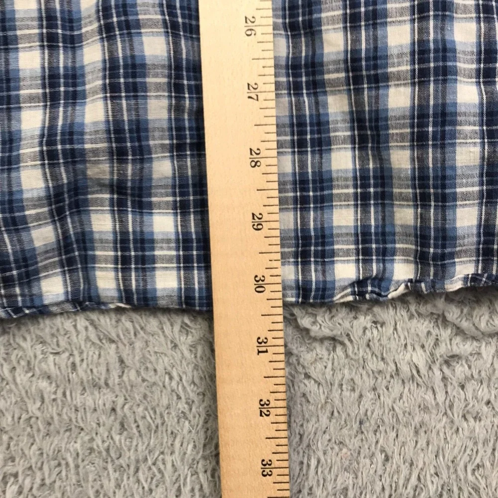 Polo Ralph Lauren Shirt Men L Blue Plaid Linen Cotton Blend Button Up Pockets